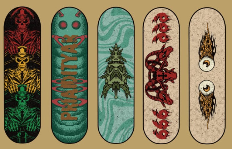 I will create artwork for skateboard deck in vintage, dark, skull, alien style