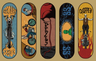 I will create artwork for skateboard deck in vintage, dark, skull, alien style