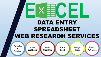 I will build excel spreadsheet, data entry, formulas
